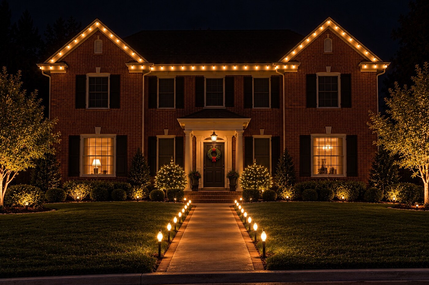 Christmas light company in Rancho Cordova, CA: brick colonial warm white stakes