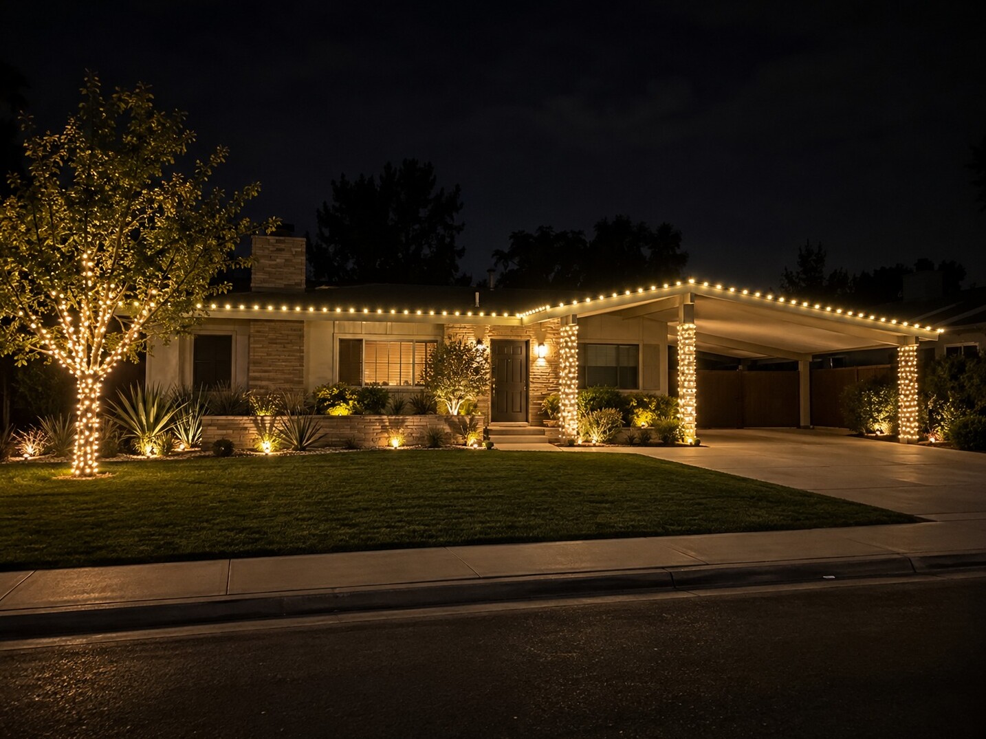 Christmas light company in Rancho Cordova, CA: midcentury ranch carport warm white roofline