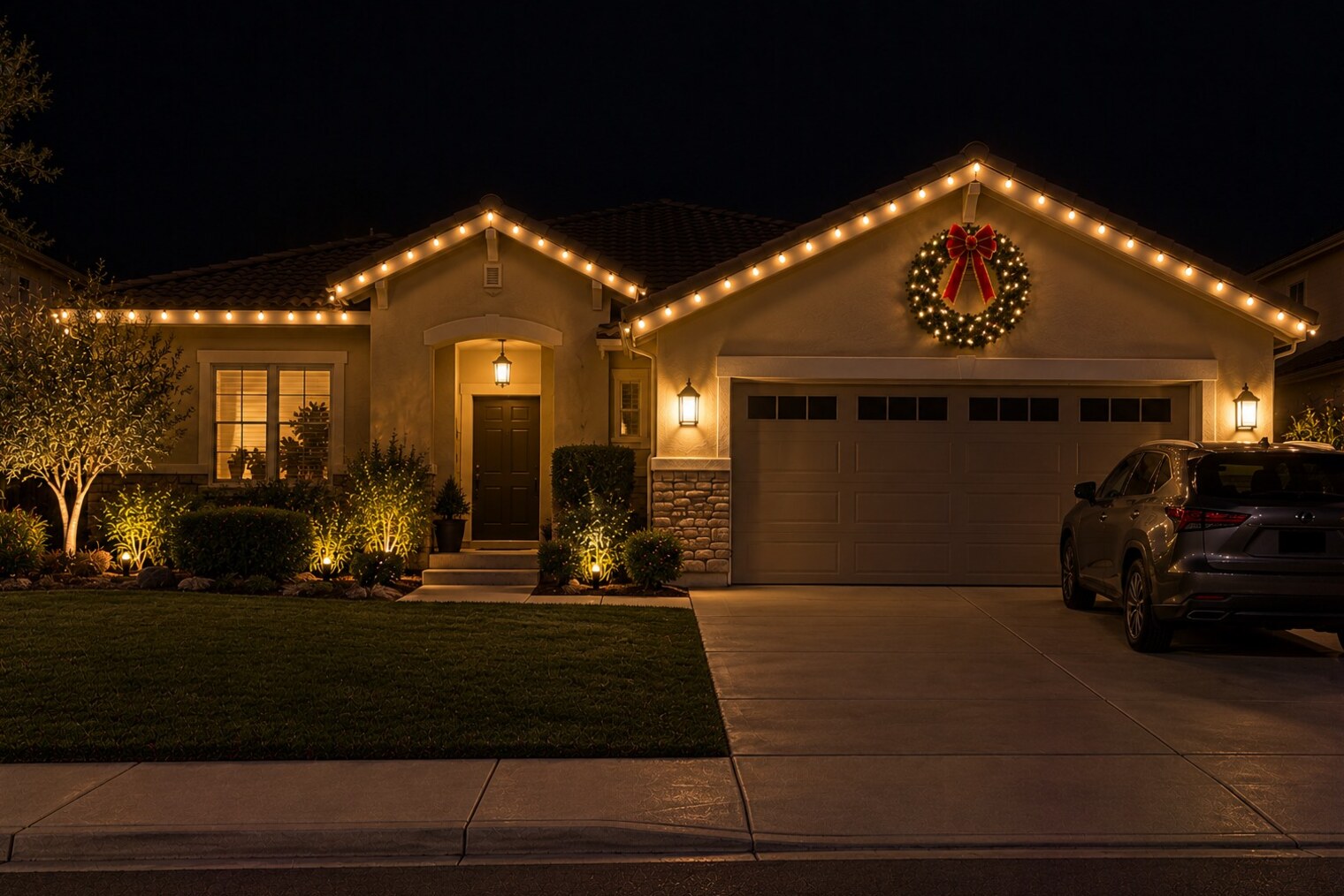 Christmas light company in Rancho Cordova, CA: single story tract home lit wreath on gable warm white