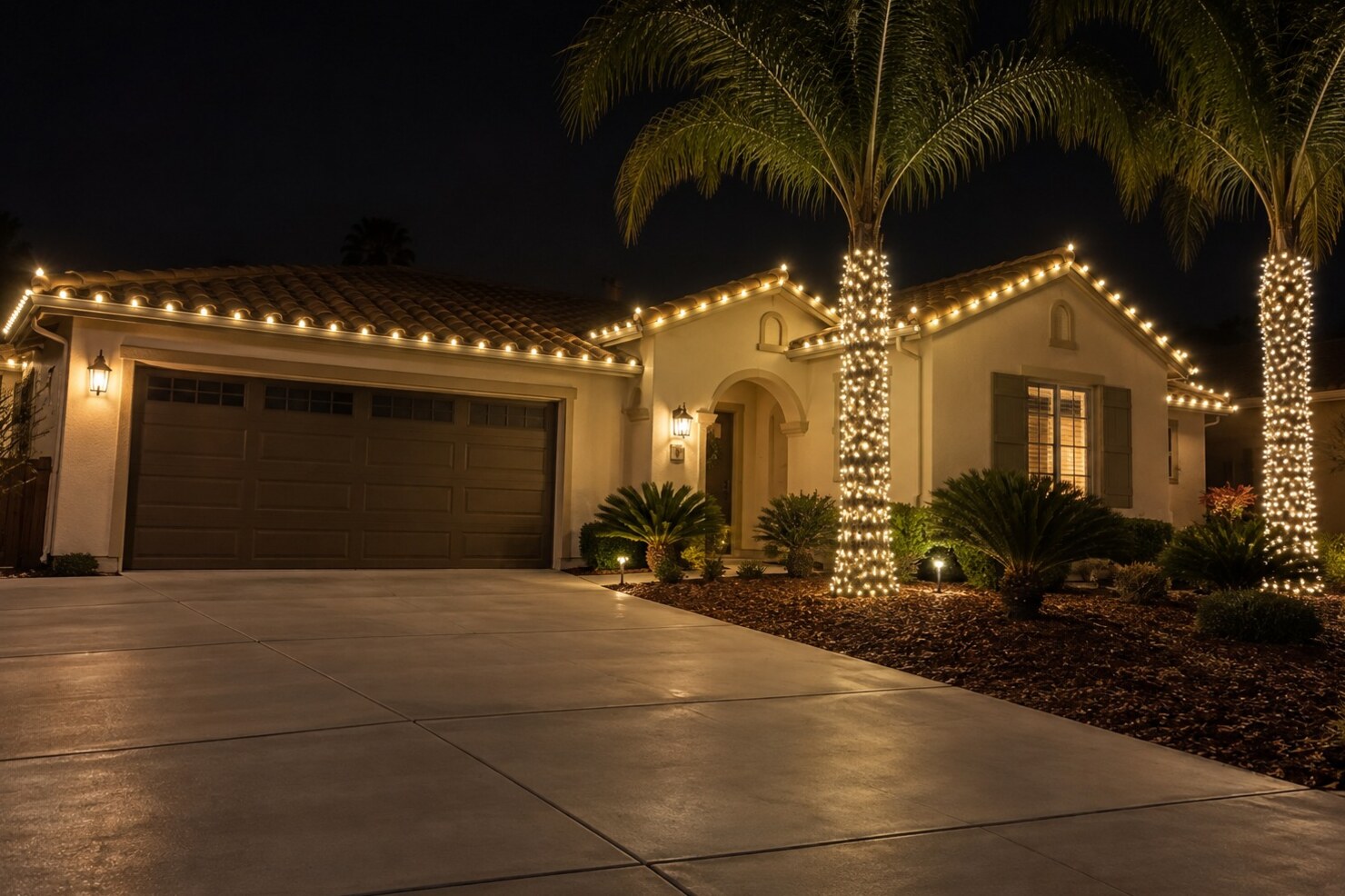 Christmas light company in Rancho Cordova, CA: spanish cream warm white palms
