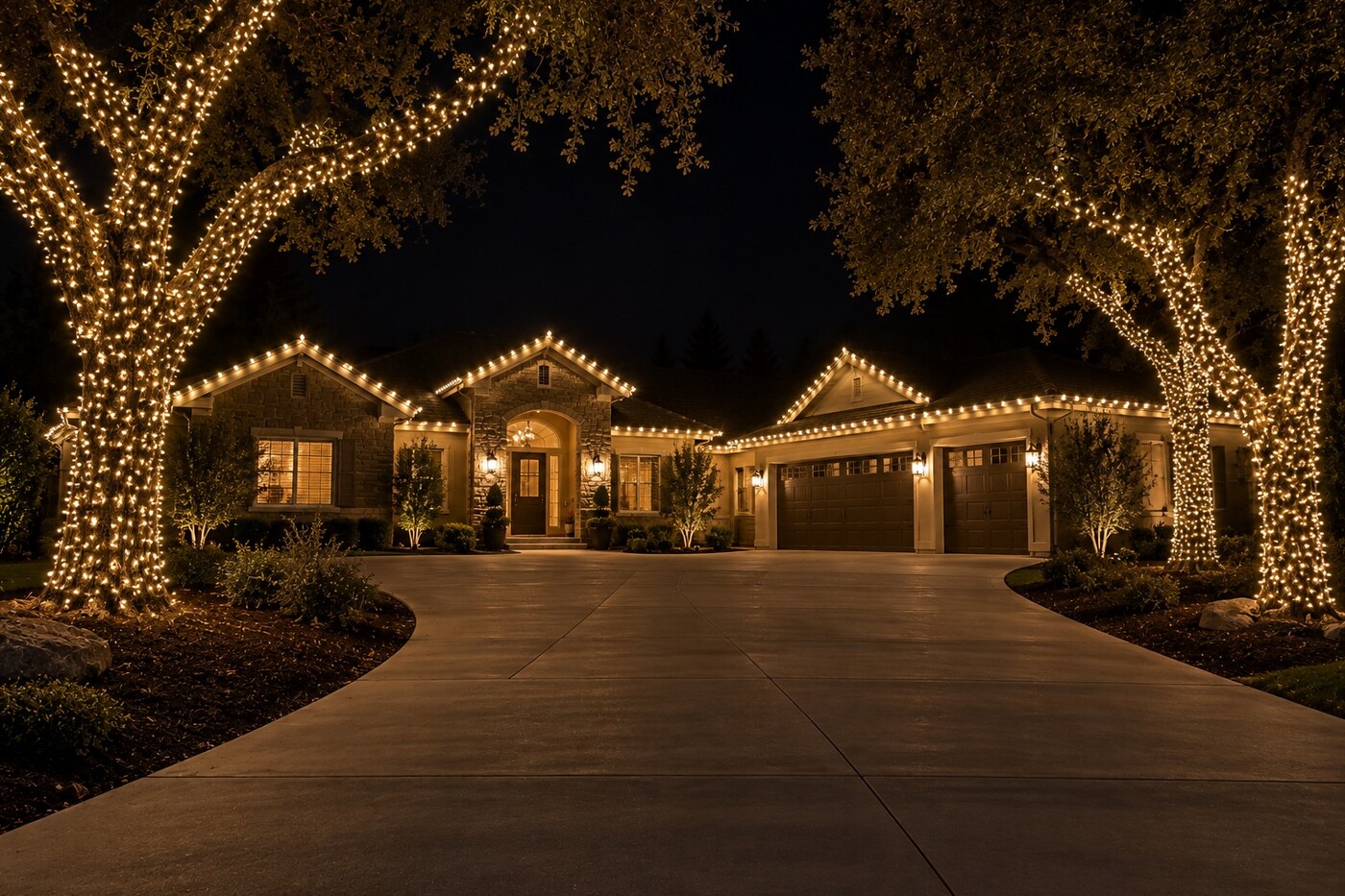 Christmas light hanging in Rancho Cordova, CA: custom three car warm white oaks driveway