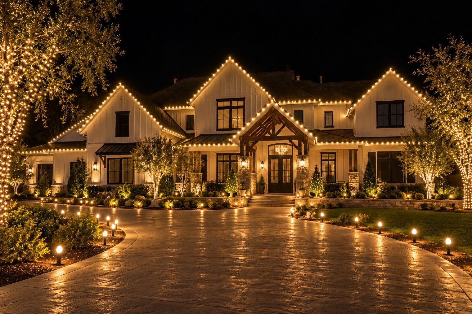 Christmas light hanging in Rancho Cordova, CA: grand modern farmhouse three gables driveway stakes warm white