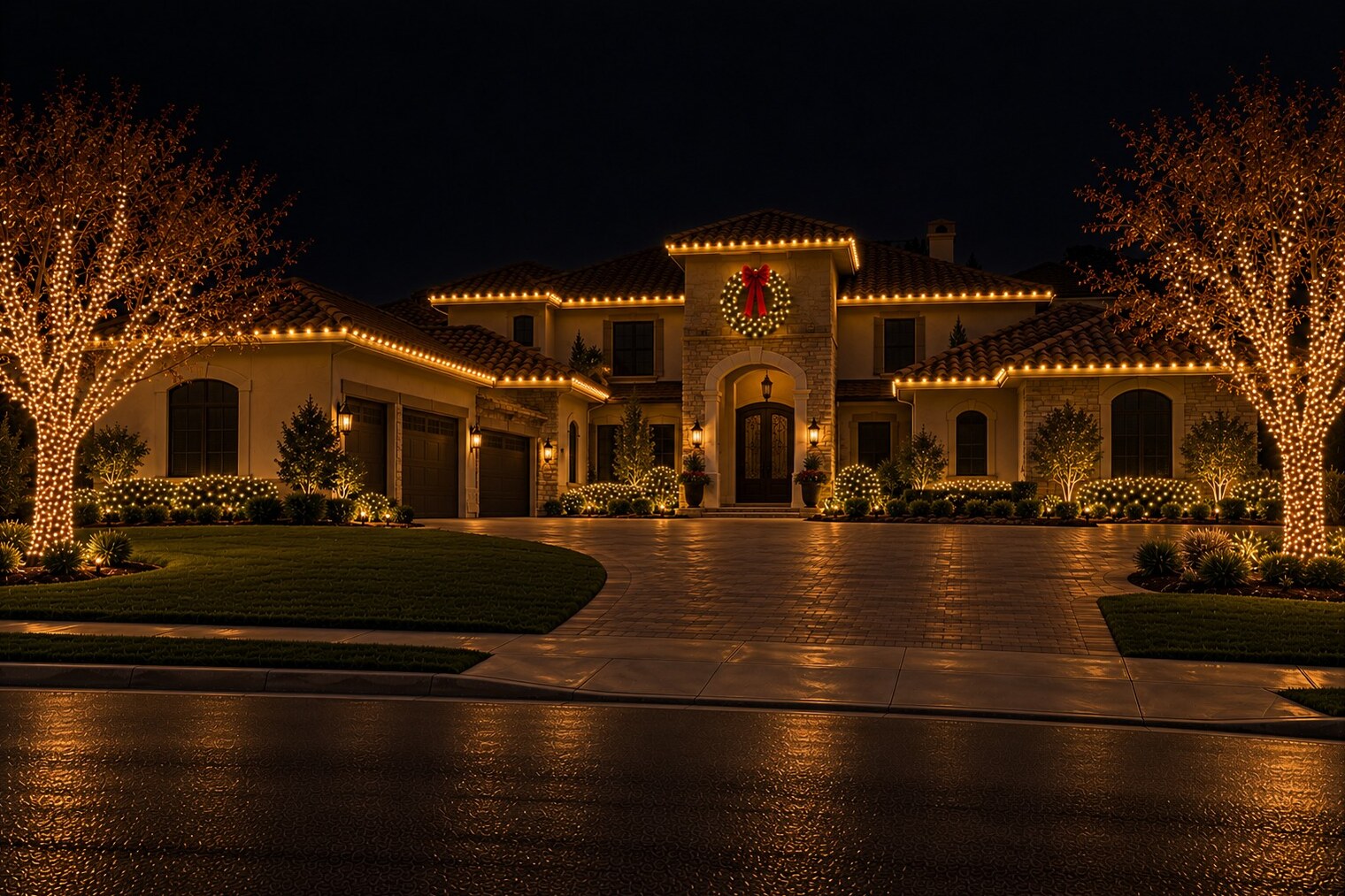 Christmas light installers in Rancho Cordova, CA: grand tuscan tower wreath estate c9 warm white