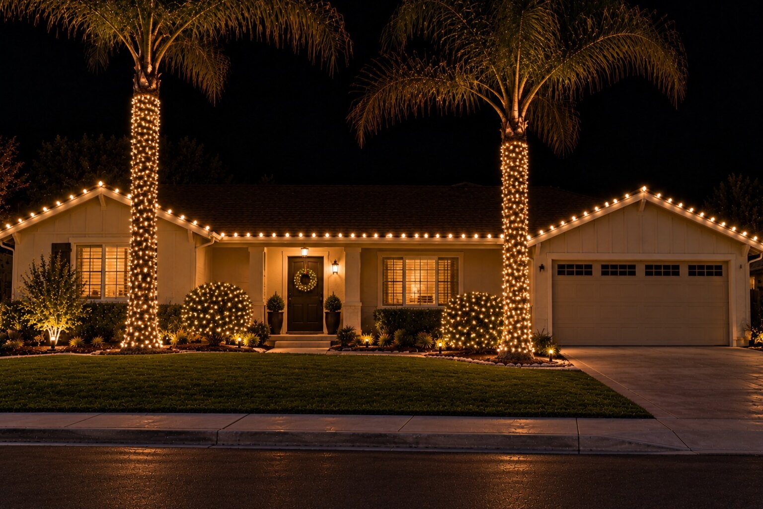 Christmas light installers in Rancho Cordova, CA: rancher palms warm white