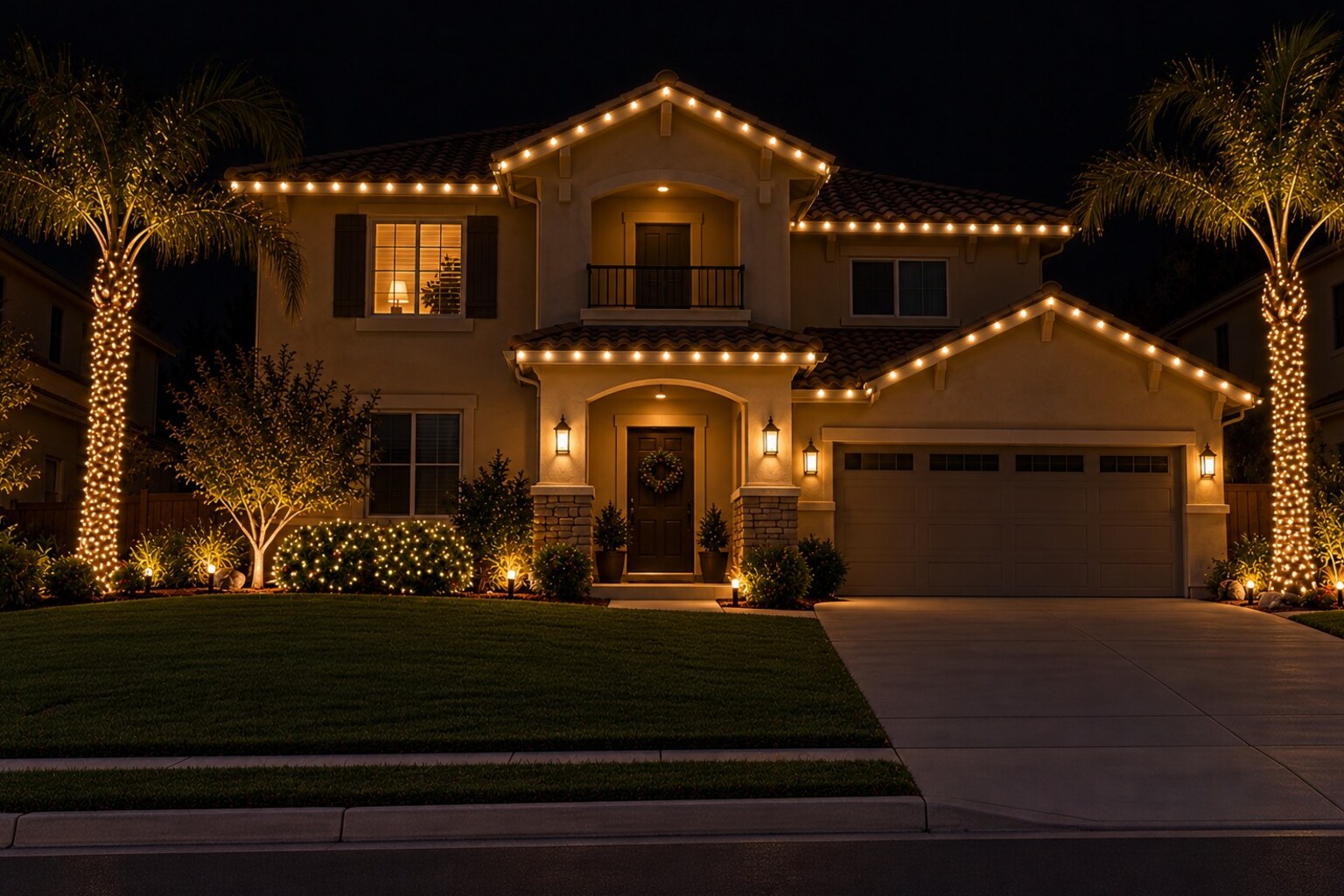 Christmas light service in Rancho Cordova, CA: balcony two story warm white palms