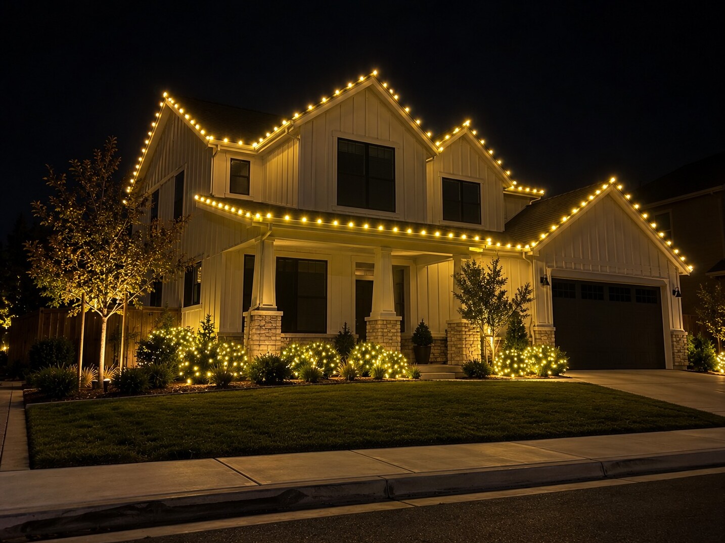 Christmas light service in Rancho Cordova, CA: modern farmhouse two story c9 warm white