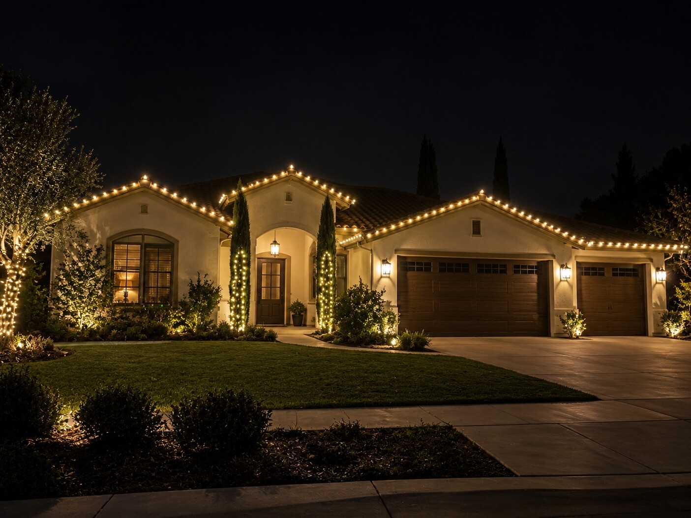 Christmas light service in Rancho Cordova, CA: spanish ranch tile roof arched entry warm white roofline