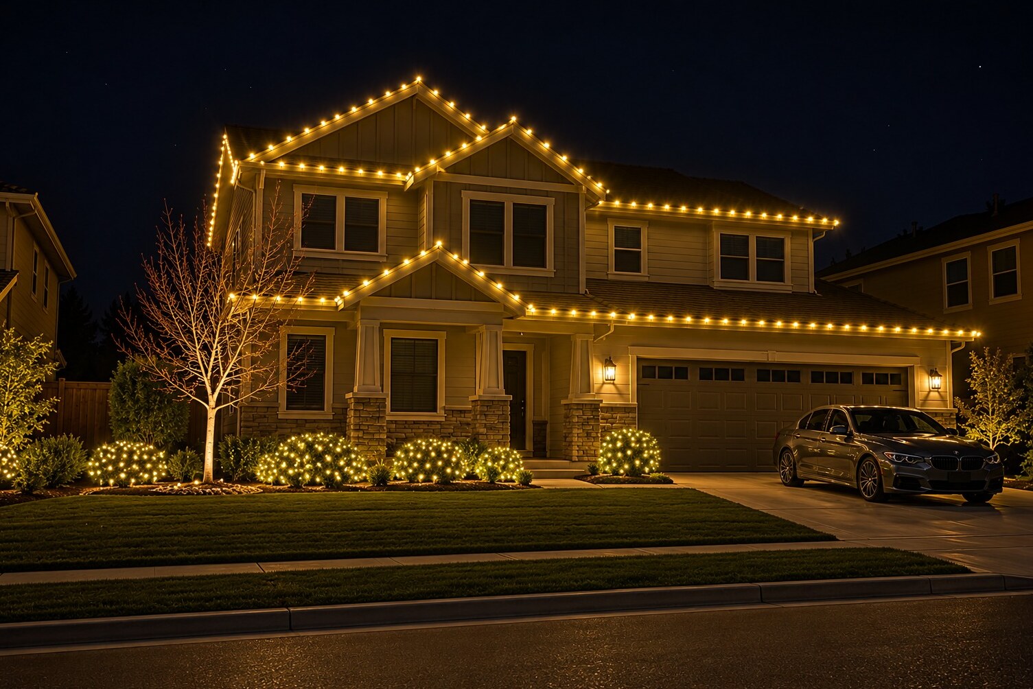 Christmas light service in Rancho Cordova, CA: tract two story sedan c9 warm white