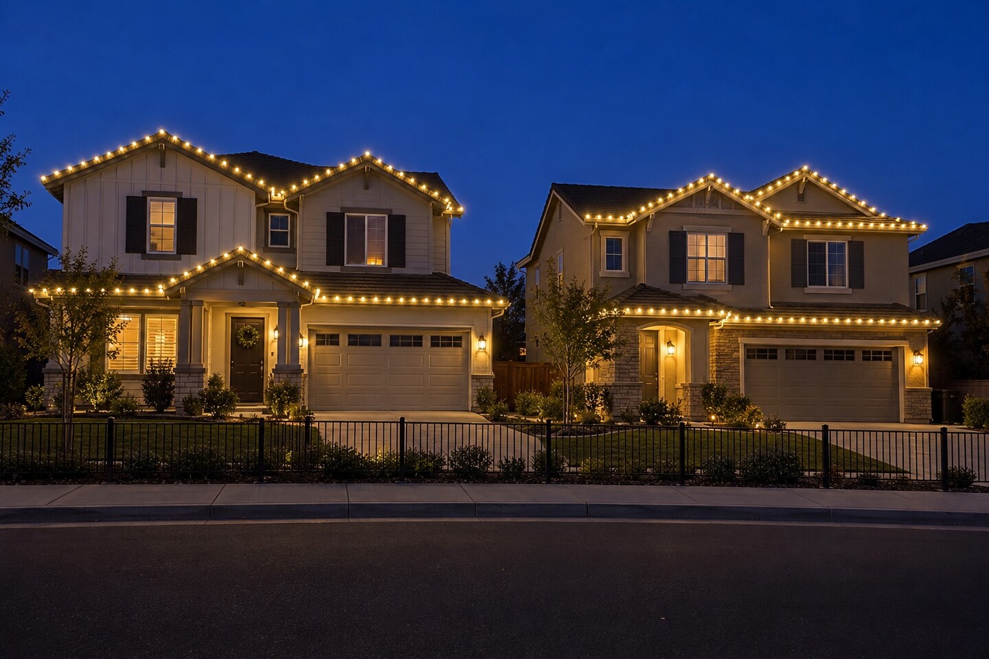Christmas light service in Rancho Cordova, CA: two homes street warm white bluehour