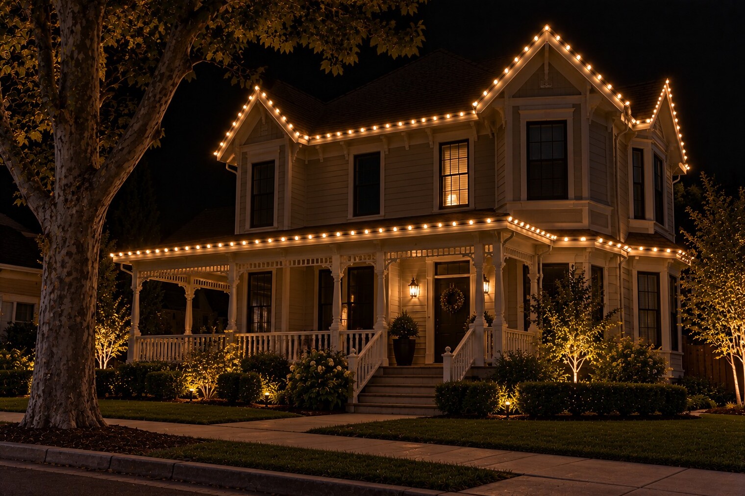 Christmas light service in Rancho Cordova, CA: victorian downtown warm white