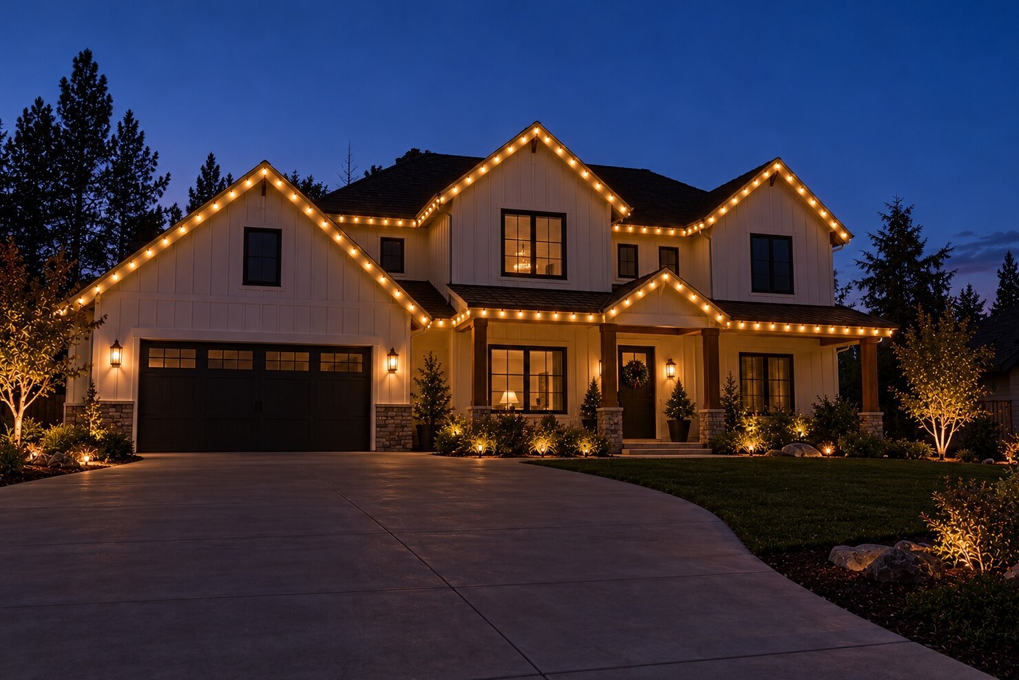 Christmas lights in Rancho Cordova, CA: farmhouse two story warm white bluehour