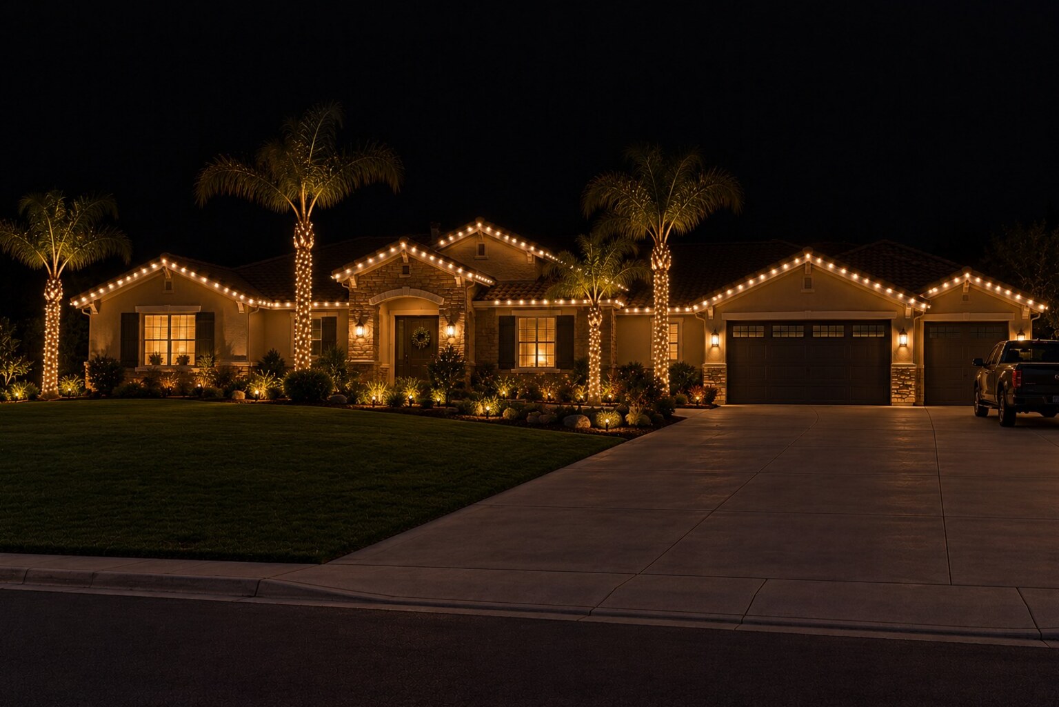 Christmas lights in Rancho Cordova, CA: foothill estate palms warm white