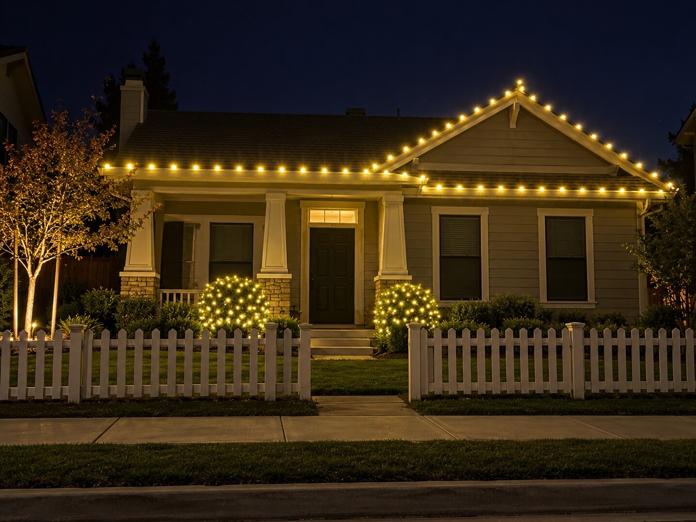 Holiday light installation in Rancho Cordova, CA: cottage picket fence c9 warm white