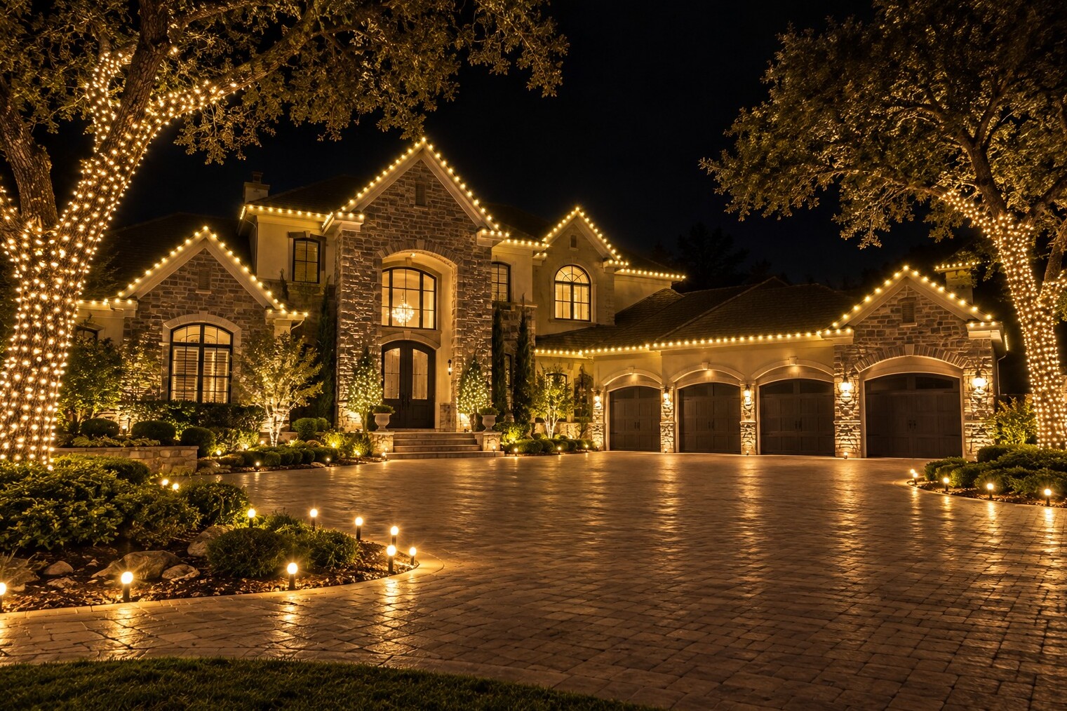 Holiday light installation in Rancho Cordova, CA: grand stone estate four car garage wrapped oaks warm white