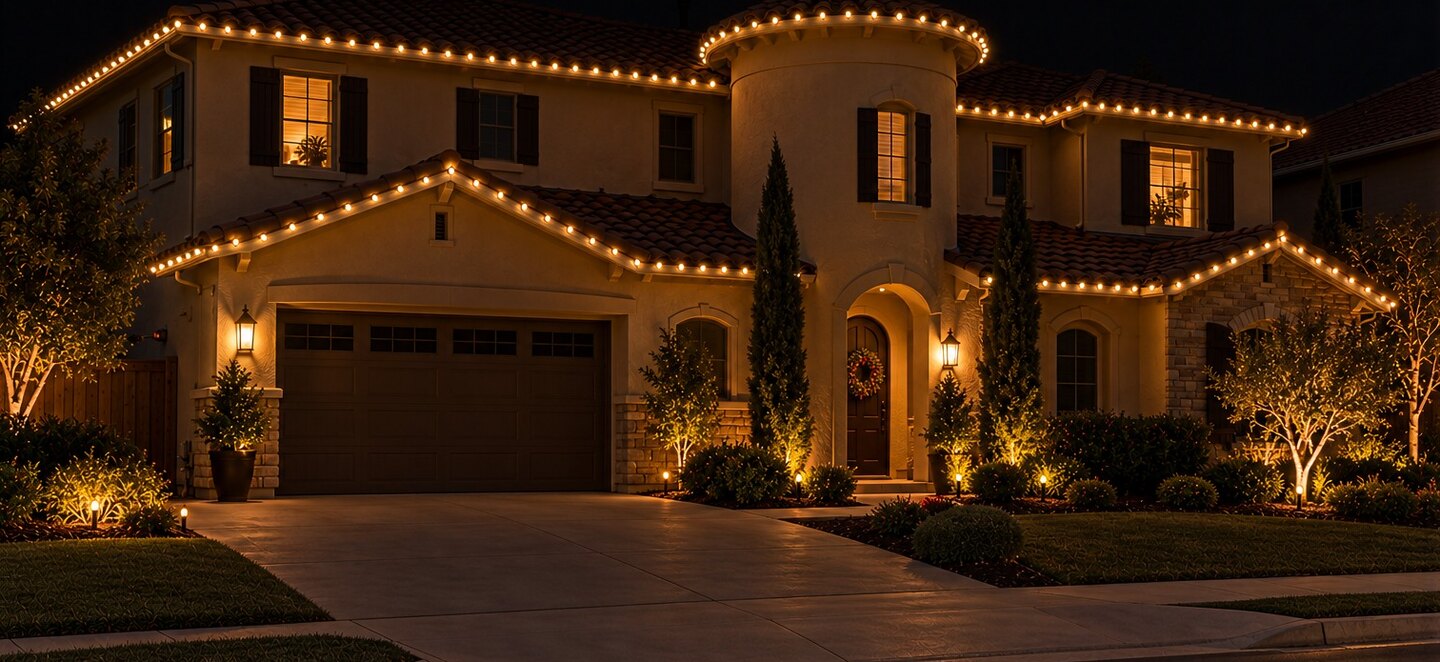 Holiday light installation in Rancho Cordova, CA: mediterranean tower warm white