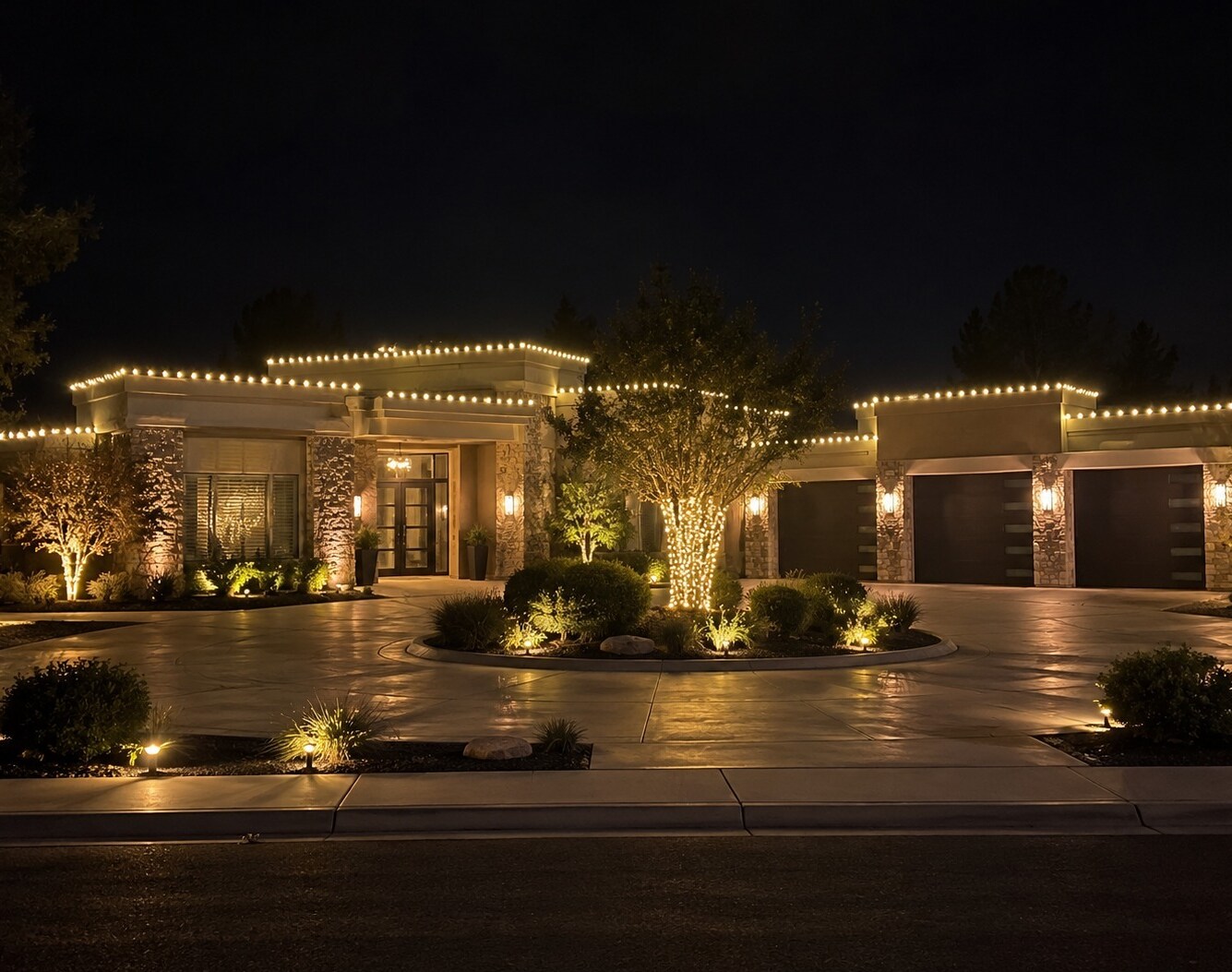 Holiday light installation in Rancho Cordova, CA: modern estate stepped parapets warm white roofline