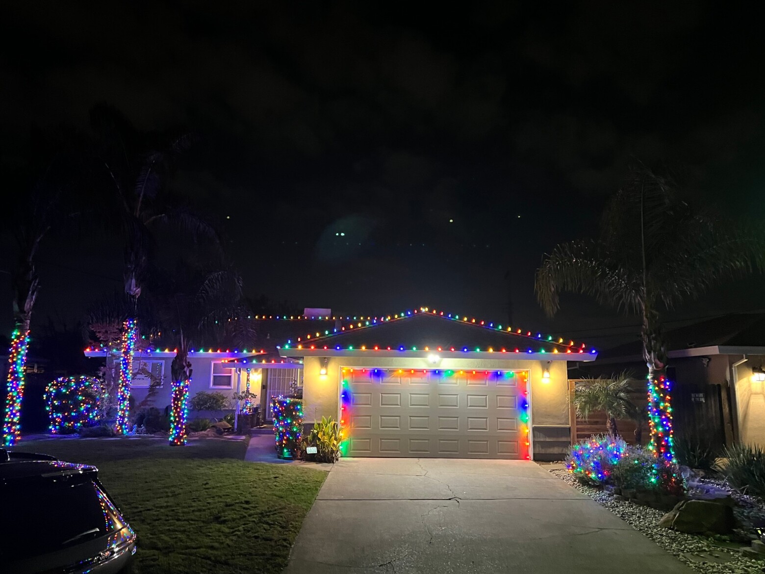 Holiday light installation in Rancho Cordova, CA: ranch multicolor roofline garage outline palm wraps