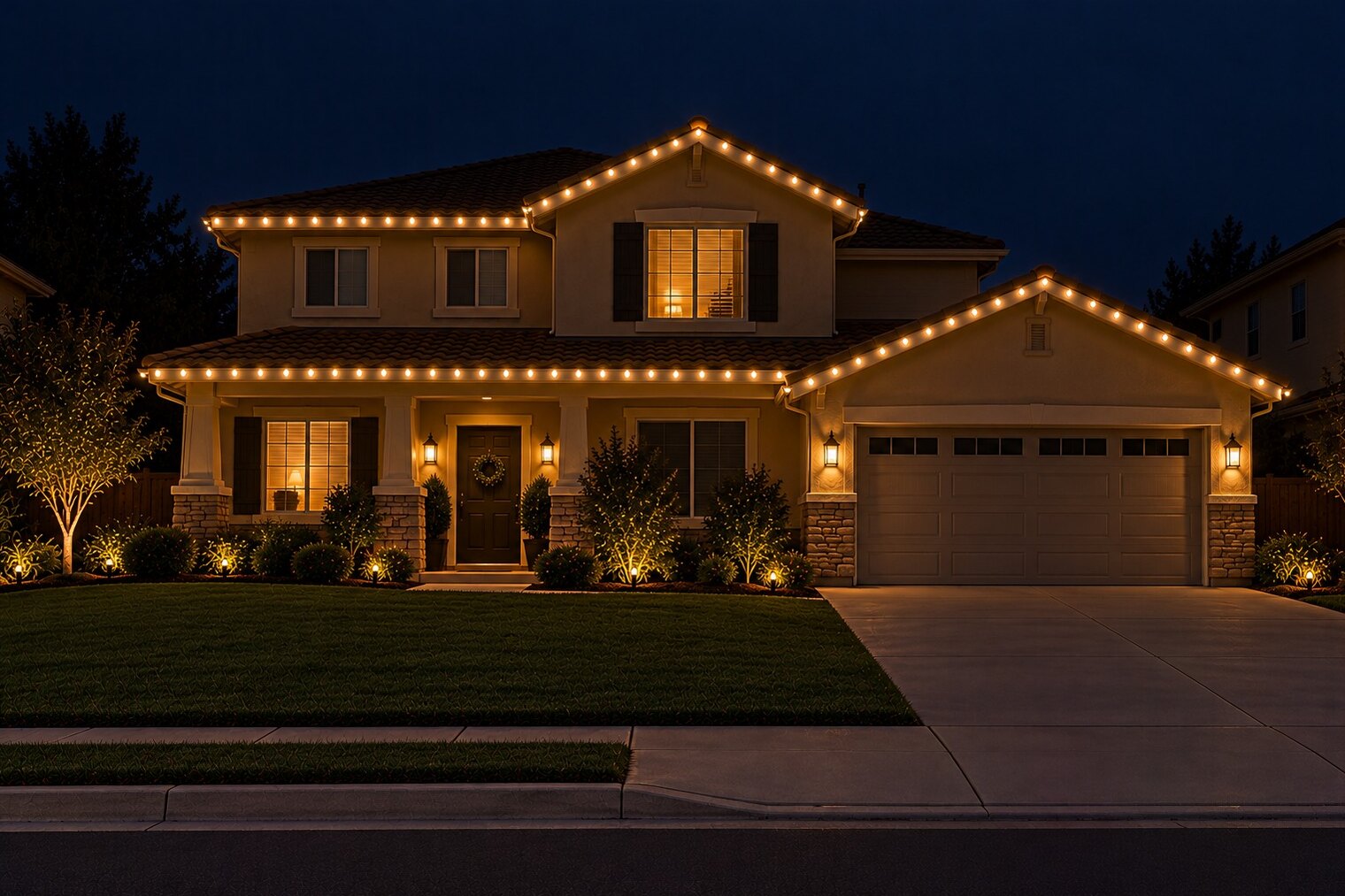 Holiday light installation in Rancho Cordova, CA: tract two story warm white front