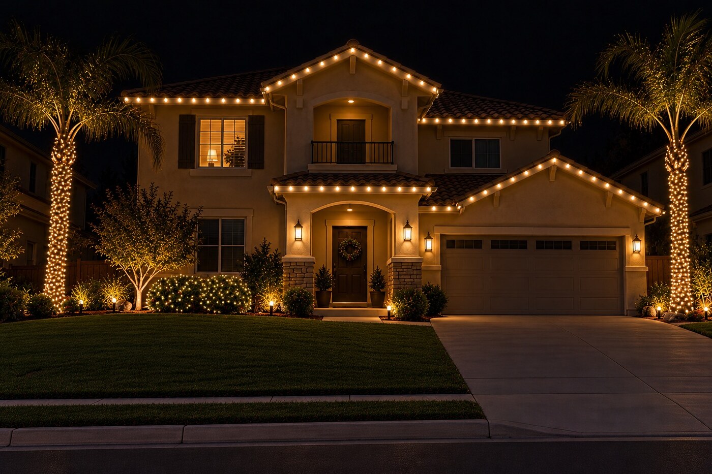 Holiday lighting in Rancho Cordova, CA: balcony two story warm white palms