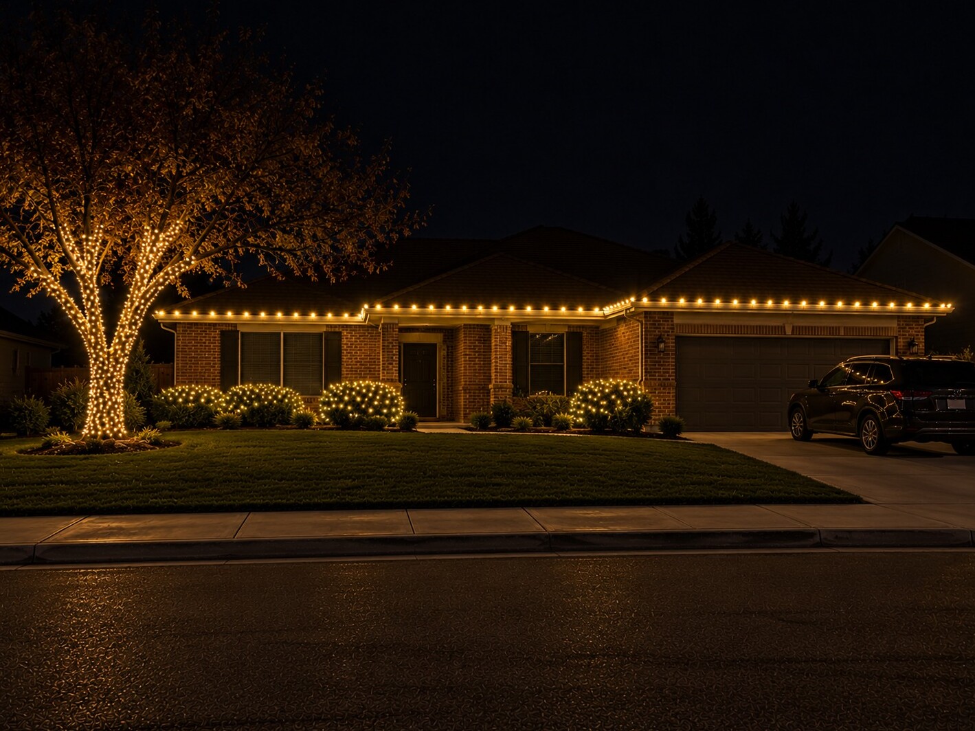 Holiday lighting in Rancho Cordova, CA: brick ranch tree sleeve wrap c9 warm white