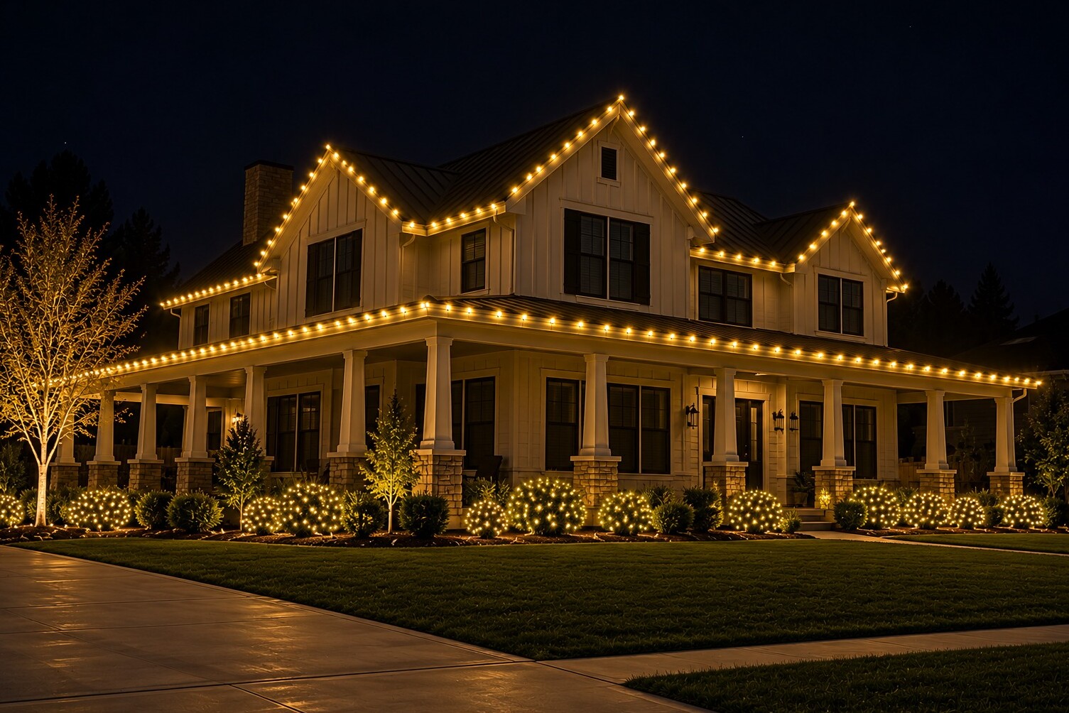 Holiday lighting in Rancho Cordova, CA: farmhouse wraparound porch c9 warm white
