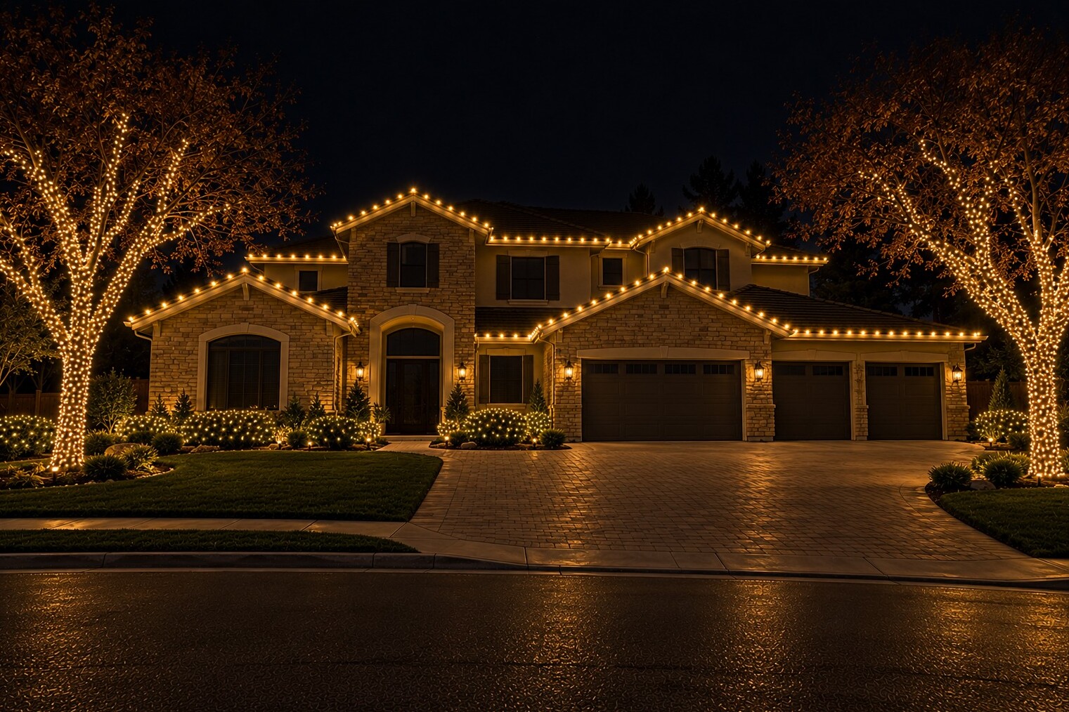 Holiday lighting in Rancho Cordova, CA: grand stone stucco estate wrapped oaks c9 warm white