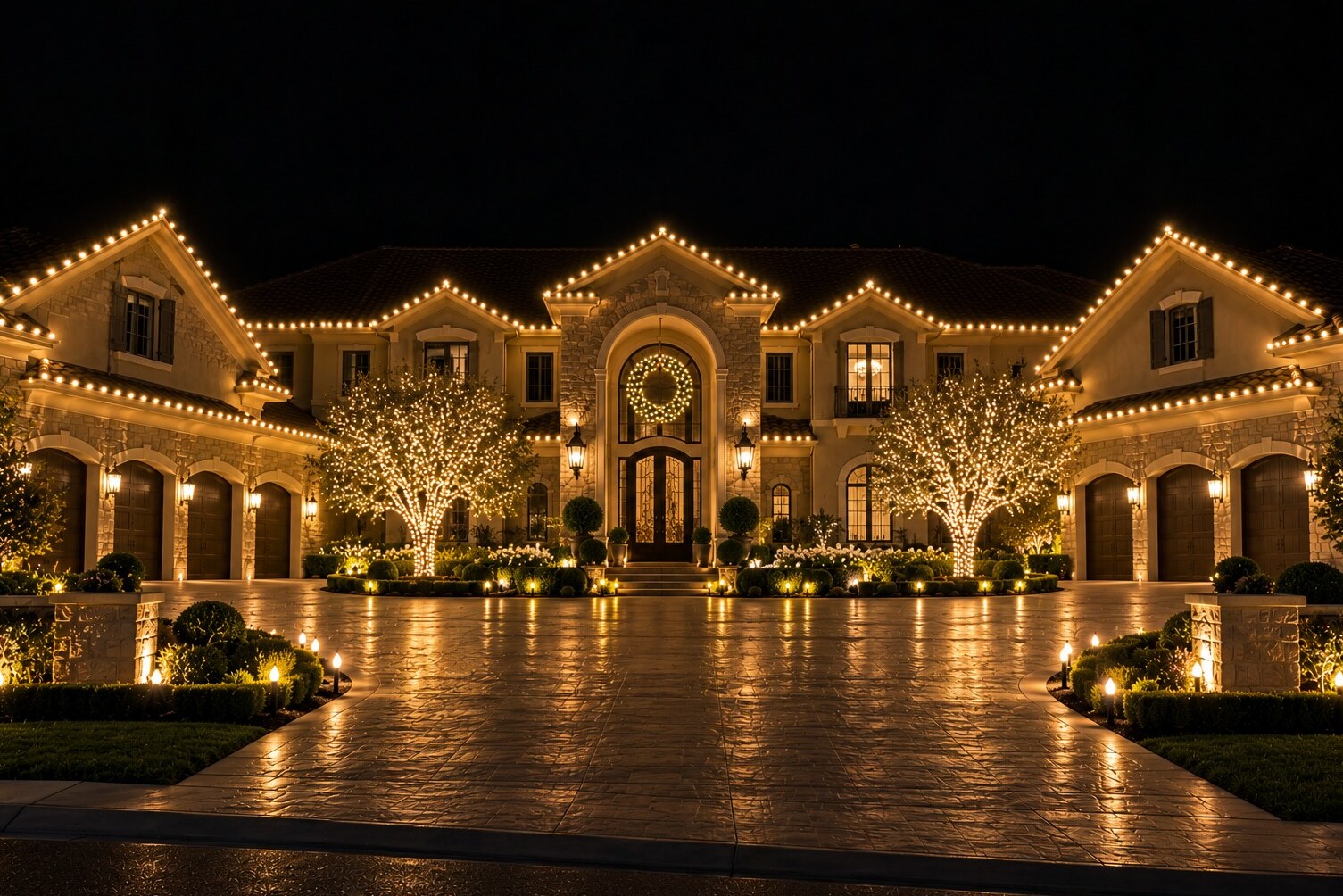 Professional christmas lights in Rancho Cordova, CA: grand twin gable estate arched entry wreath six car garage warm white
