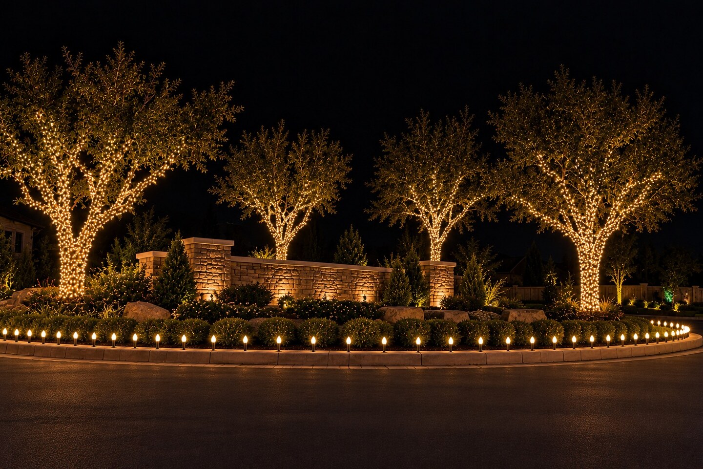Professional christmas lights in Rancho Cordova, CA: hoa entrance warm white trees