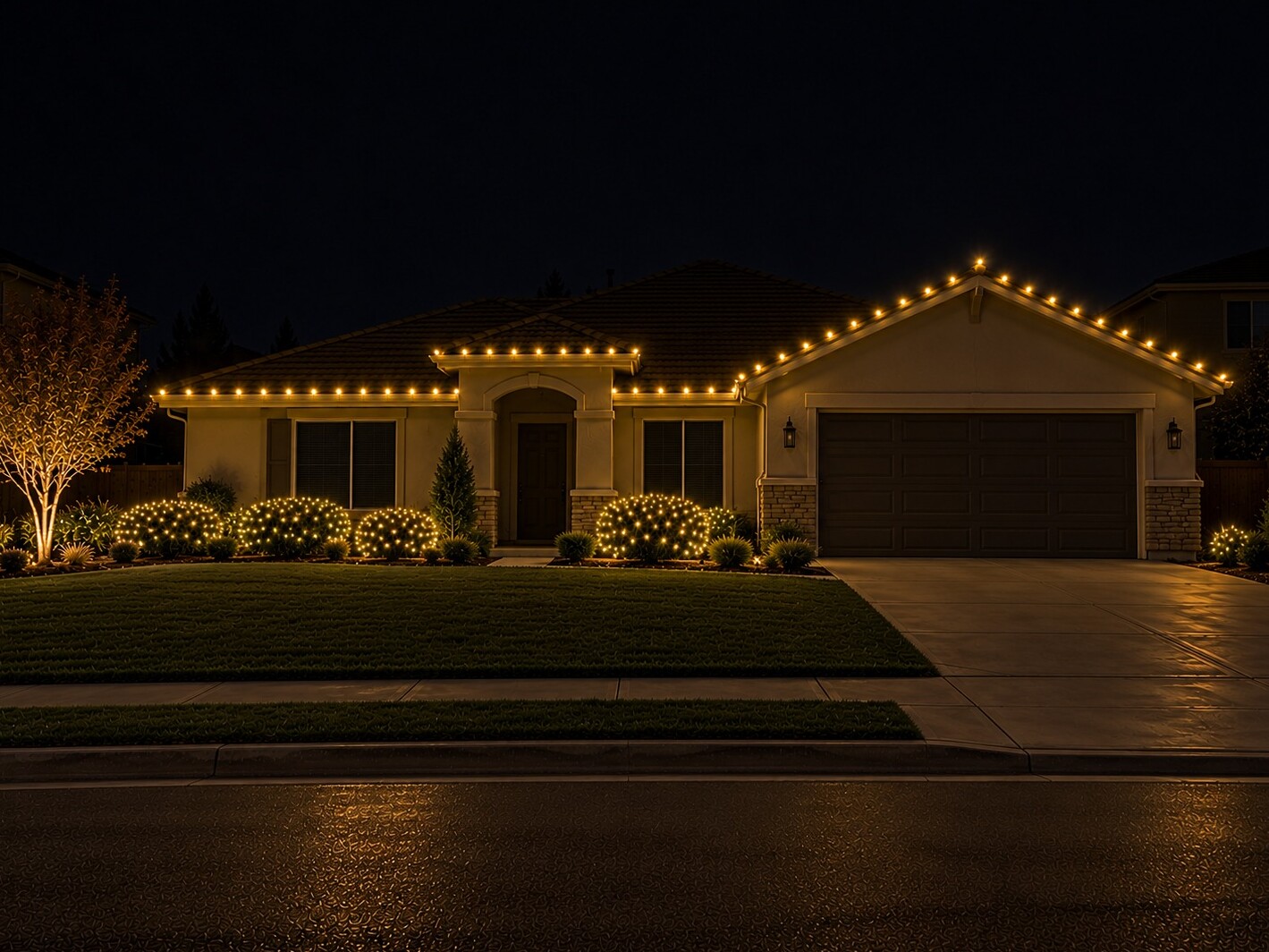 Professional christmas lights in Rancho Cordova, CA: stucco ranch c9 roofline dark windows warm white
