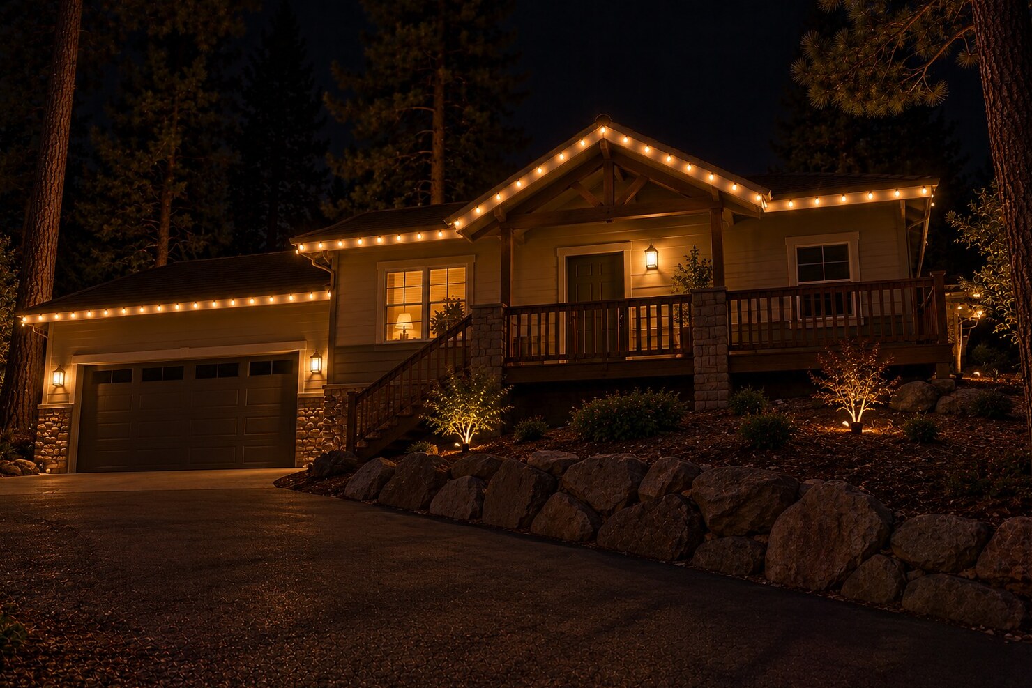 Professional christmas lights in Rancho Cordova, CA: tract home warm white roofline