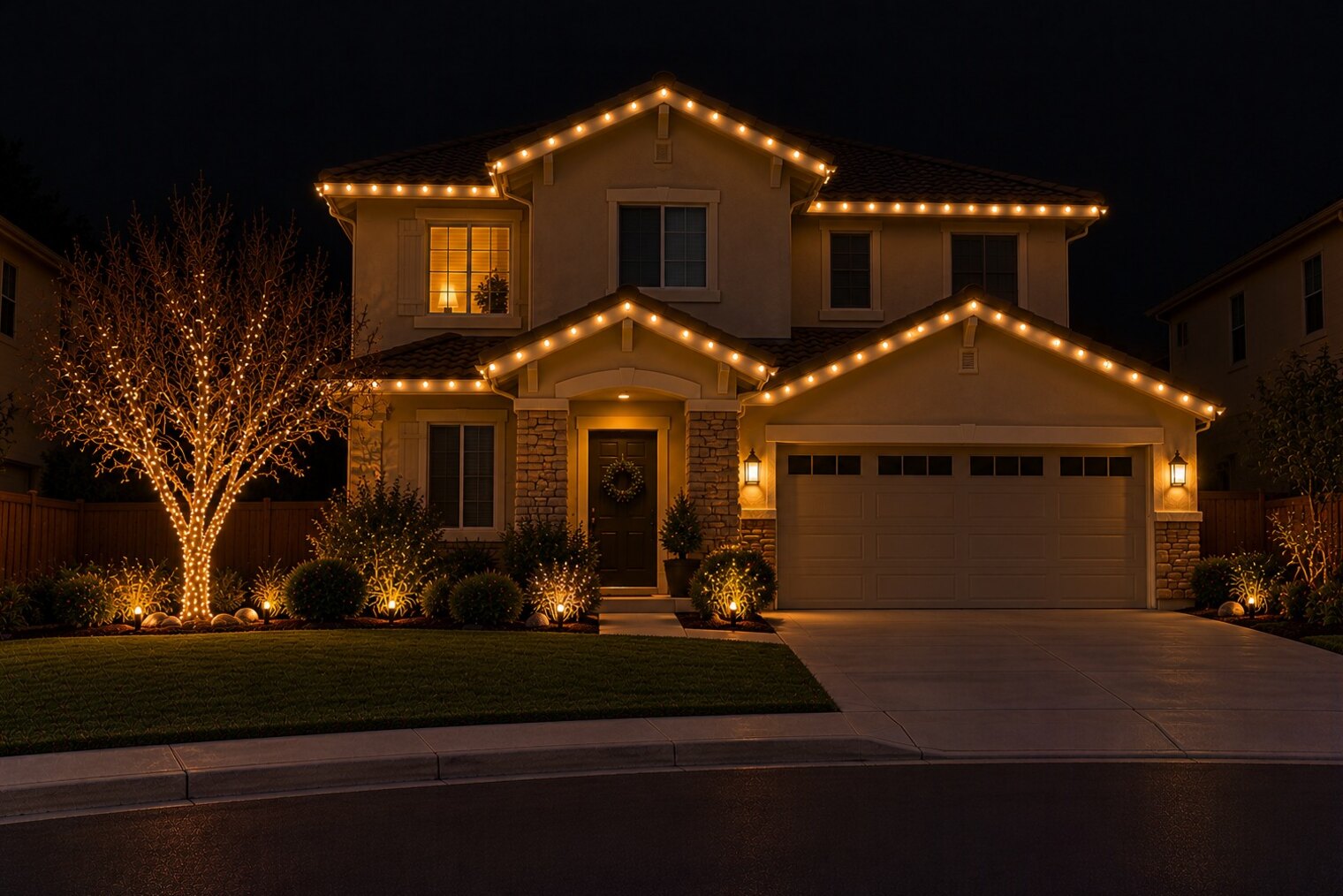 Residential christmas lights in Rancho Cordova, CA: culdesac two story warm white myrtle
