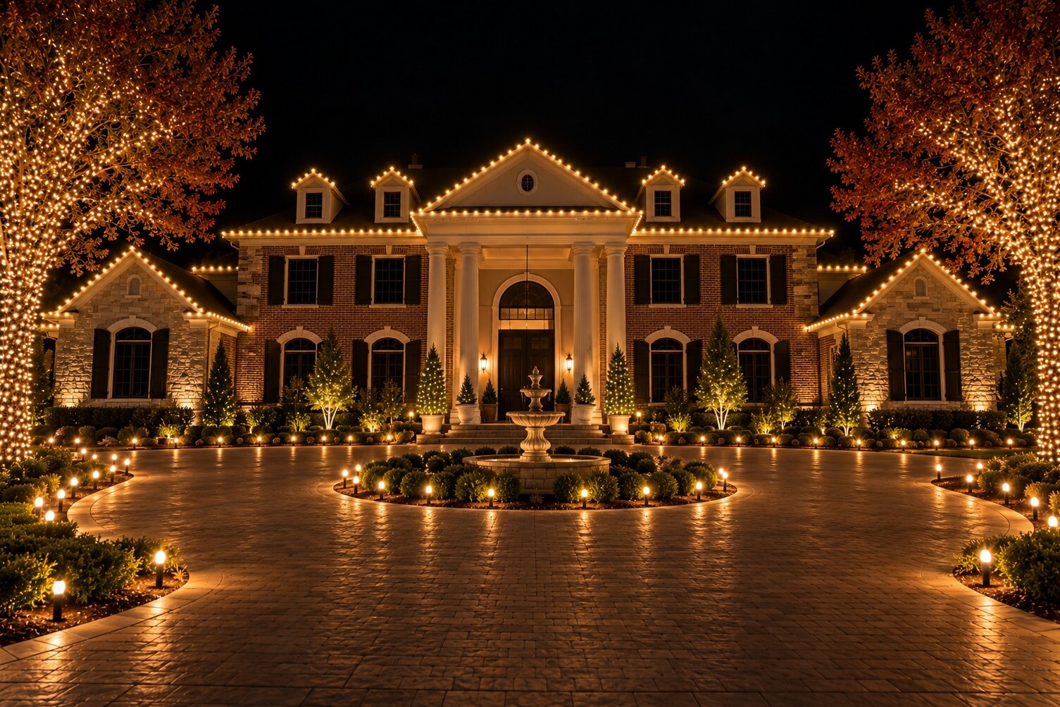 Residential christmas lights in Rancho Cordova, CA: grand brick estate columned portico fountain wrapped maples warm white