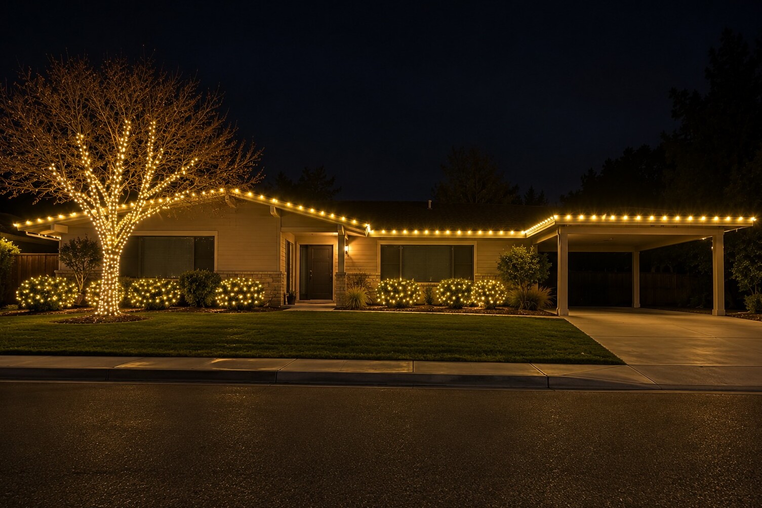 Residential christmas lights in Rancho Cordova, CA: midcentury carport fascia c9 warm white