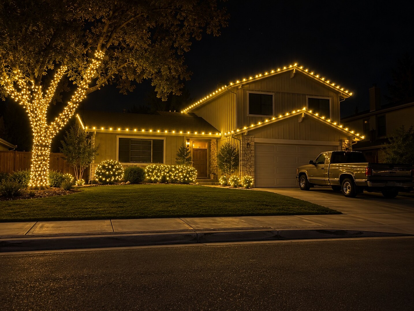 Residential christmas lights in Rancho Cordova, CA: split level oak wrap c9 warm white
