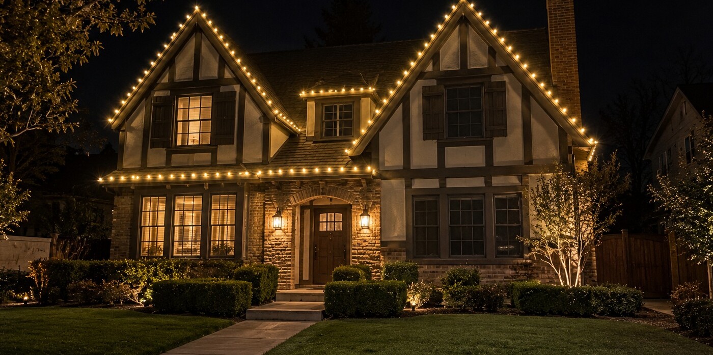 Residential christmas lights in Rancho Cordova, CA: tudor steep gables warm white
